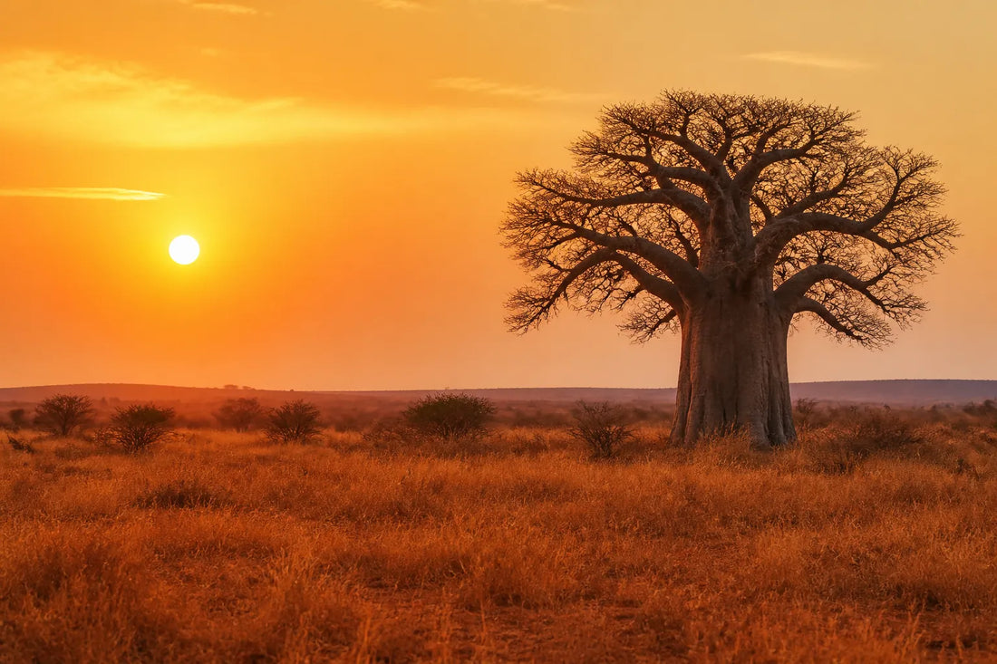 Savane sahélienne au coucher du soleil avec un baobab isolé et des herbes dorées