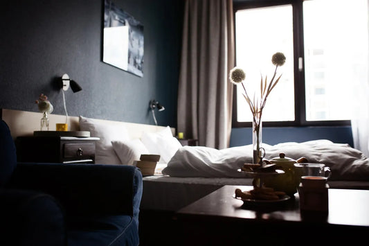 Chambre lumineuse avec un lit double et un coin salon