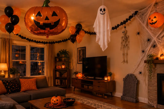 Salon décoré pour une fête d'Halloween avec un ballon citrouille géant, un fantôme suspendu, un squelette et une toile d'araignée